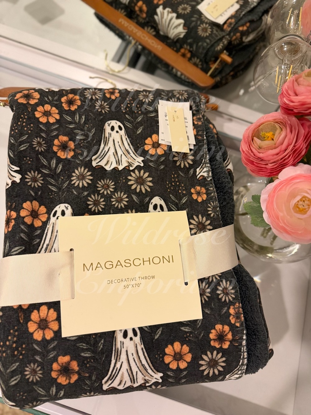 Magaschoni ghost black gray floral sunflower Halloween super soft throw blanket